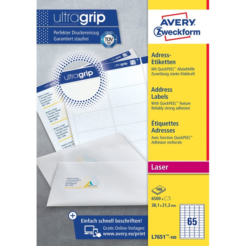 Avery L7651 Mini étiquettes adresses blanches laser 38,1 x 21,2 mm - Boîte de 6500