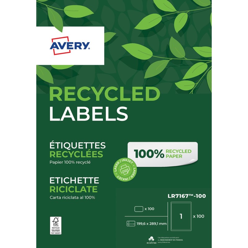 Avery LR7167 Etiquettes adresses blanches 100% recyclées 199,6 x 289,1 mm - Boîte de 100