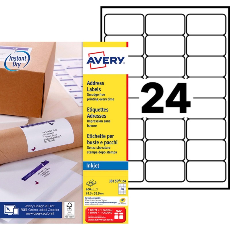Avery J8159 Etiquettes adresses blanches jet d’encre 63,5 x 33,9 mm - Boîte de 2400