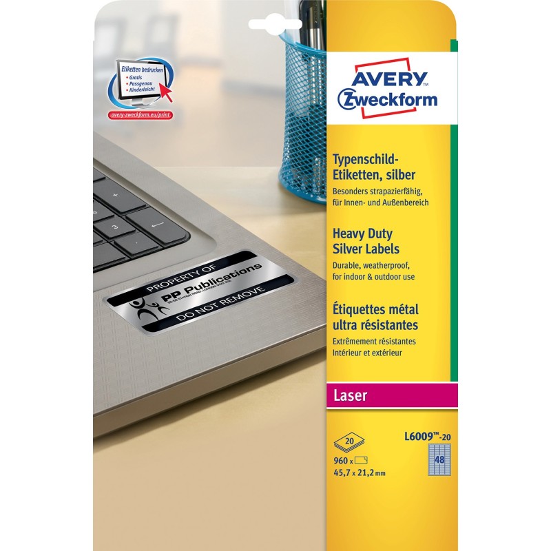 Avery L6009 Etiquettes ultra-résistantes métal argent laser - polyester - 45,7 x 21,2 mm - Boîte de 960