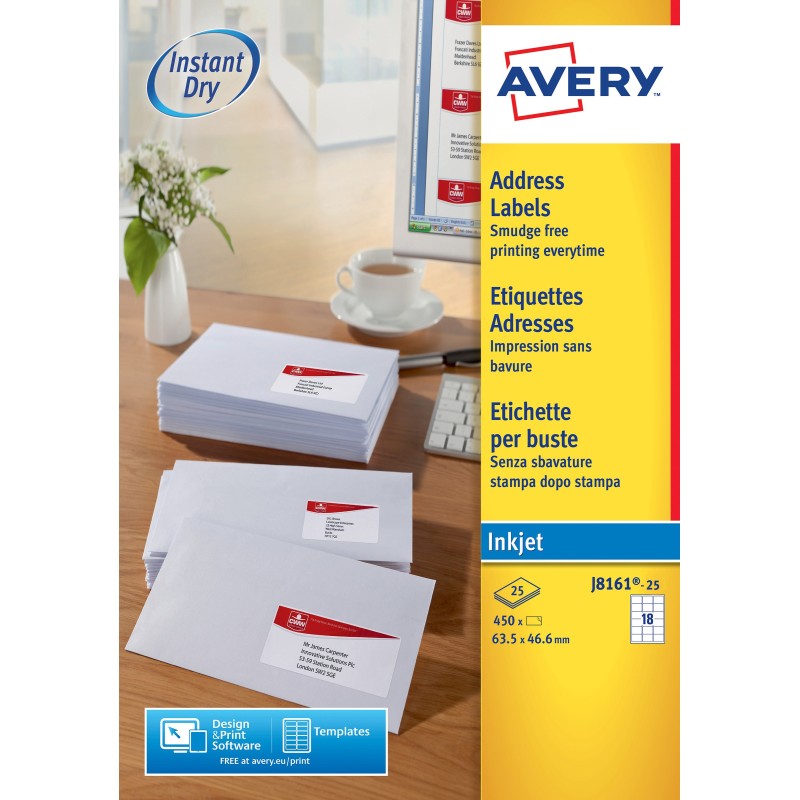Avery J8161 Etiquettes adresses blanches jet d’encre 63,5 x 46,6 mm - Boîte de 450