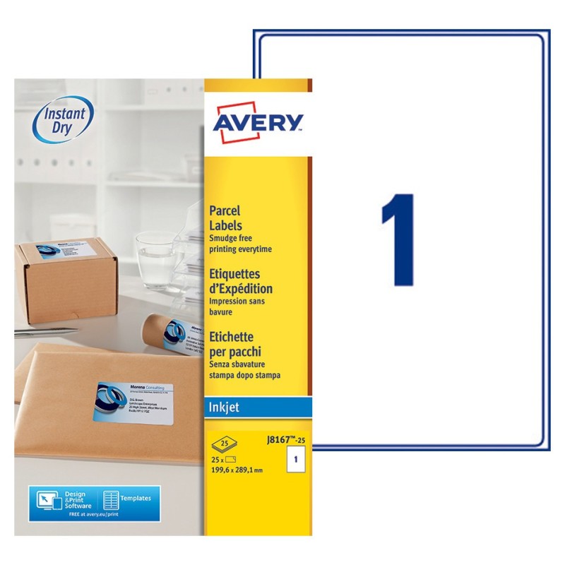 Avery J8167 Etiquettes d'expédition blanches jet d'encre 199,6 x 289,1 mm - Boîte de 25