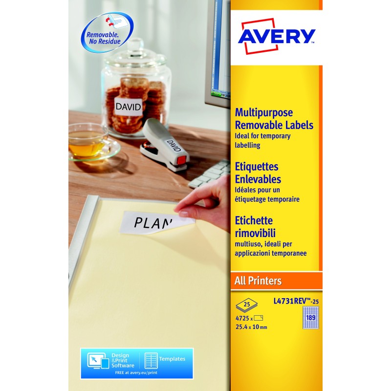 Avery L4731REV Etiquettes enlevables blanches 25,4 x 10 mm - Boîte de 4725