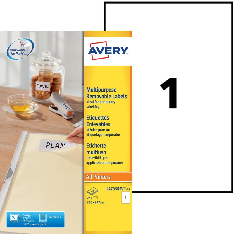 Avery L4735REV Etiquettes enlevables blanches A4 210 x 297 mm - Boîte de 25