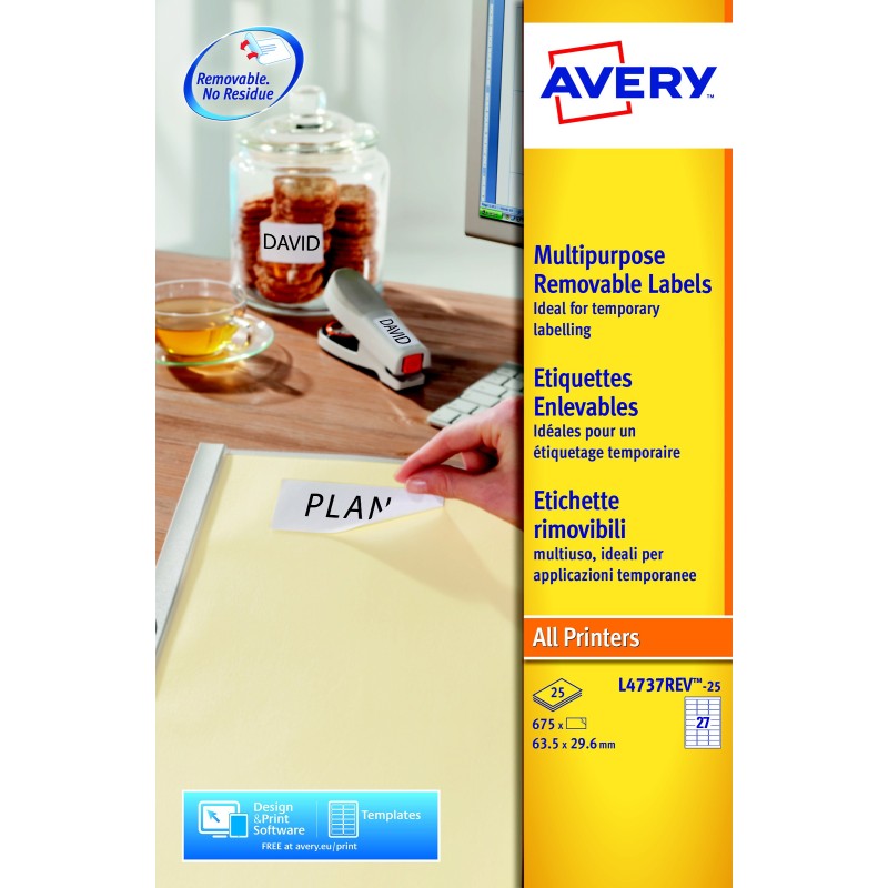 Avery L4737REV Etiquettes enlevables blanches 63,5 x 29,6 mm - Boîte de 675
