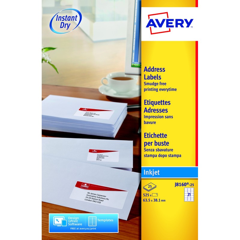 Avery J8160 Etiquettes adresses blanches jet d’encre 63,5 x 38,1 mm - Boîte de 525