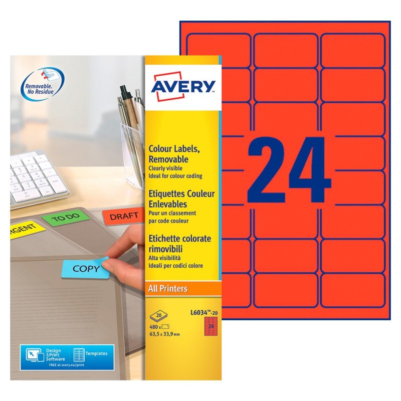 Avery L6034 Etiquettes classement couleur enlevables 63,5 x 33,9 mm - Rouge - Boîte de 480