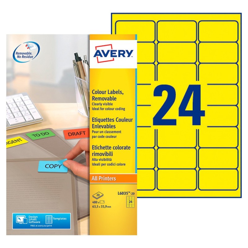 Avery L6035 Etiquettes classement couleur enlevables 63,5 x 33,9 mm - Jaune - Boîte de 480