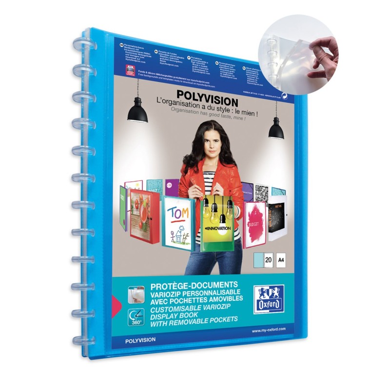 Oxford Porte vues personnalisable Polyvision A4 - Polypropylène - 20 pochettes - 40 vues - Bleu