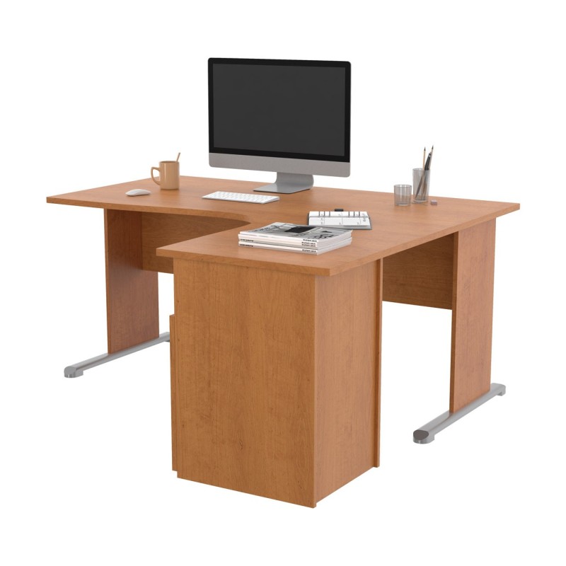Pack Bureau d'angle compact retour à droite Pronto Bois - L.160 x P.100 cm - Plateau Aulne - Pieds L Aulne + Caisson hauteur bureau