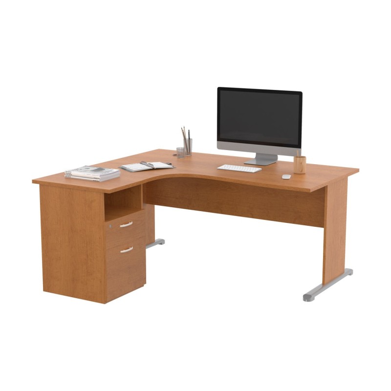 Pack Bureau d'angle compact retour à gauche Pronto Bois - L.160 x P.100 cm - Plateau Aulne - Pieds L Aulne + Caisson hauteur bureau
