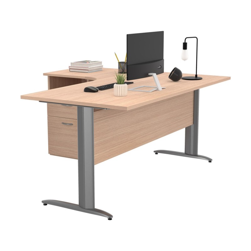 Pack Bureau d'angle compact retour à gauche Pronto Métal - L.160 x P.100 cm - Plateau Chêne - Pieds L Chrome + Caisson hauteur bureau