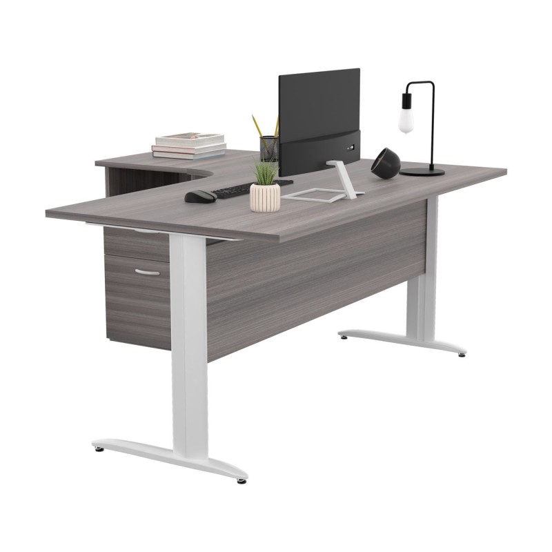 Pack Bureau d'angle compact retour à gauche Pronto Métal - L.160 x P.100 cm - Plateau Cendre - Pieds L Blanc + Caisson hauteur bureau