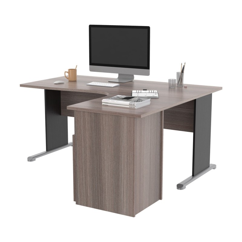 Pack Bureau d'angle compact retour à droite Pronto Bois - L.160 x P.100 cm - Plateau Cendre - Pieds L Noir + Caisson hauteur bureau