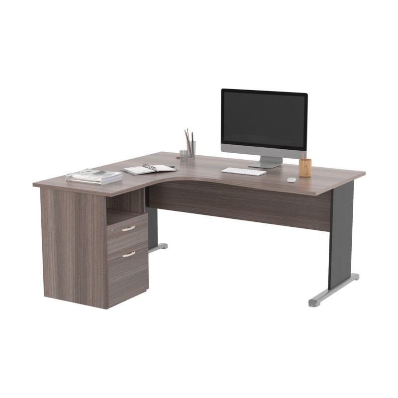 Pack Bureau d'angle compact retour à gauche Pronto Bois - L.160 x P.100 cm - Plateau Cendre - Pieds L Noir + Caisson hauteur bureau