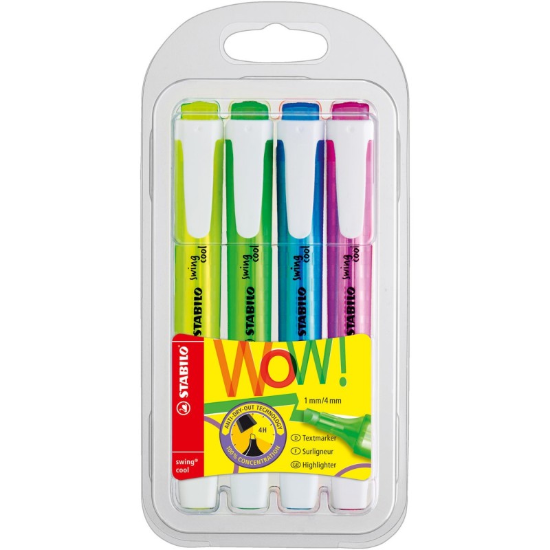 STABILO swing cool Surligneurs pointe biseautée 1 et 4 mm - Coloris assortis fluos - Pochette de 4