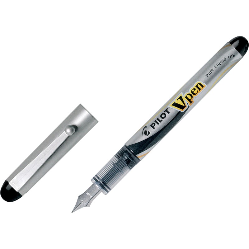 Pilot Stylo-plume, V Pen, pointe moyenne, corps en plastique noir et argenté, encre noire