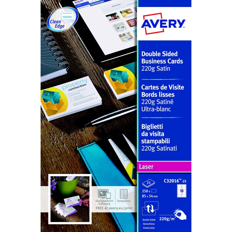 Avery C32016-25 - Cartes de visite blanches à bords lisses - 85 x 54 mm - Impression laser