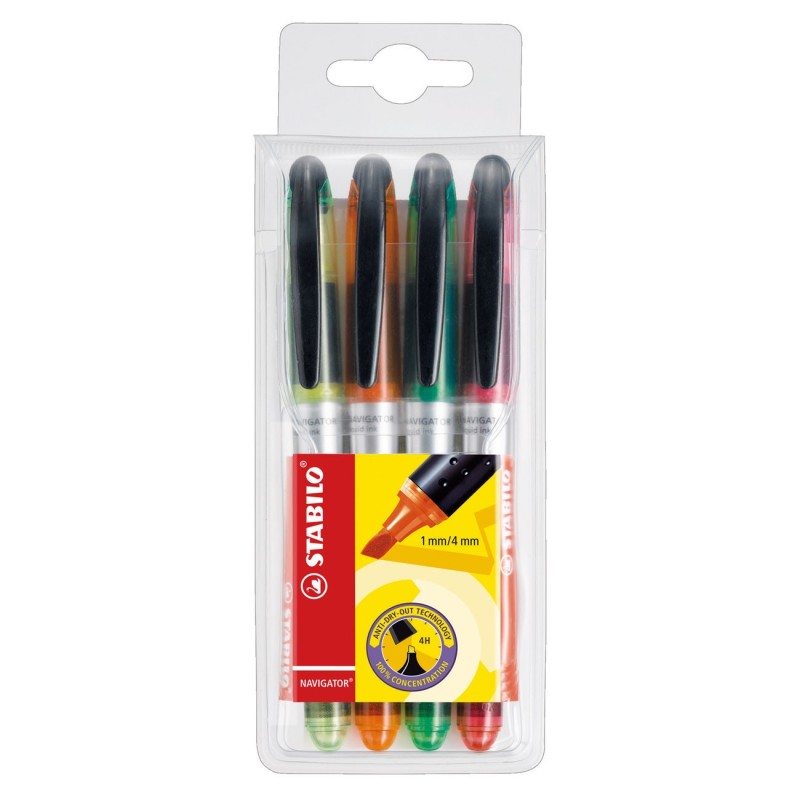 STABILO NAVIGATOR Surligneur pointe biseautée 1 et 4 mm - Coloris assortis - Pochette de 4
