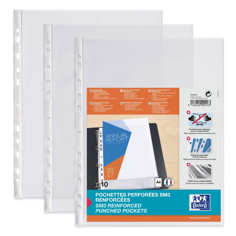 Oxford Pochettes perforées SM3 A4 PVC lisse incolore - Lot de 10