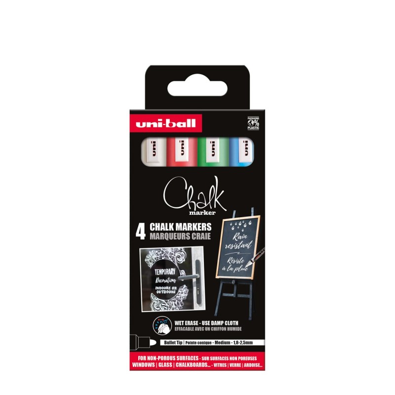 Uni Marqueur craie Chalk Marker PWE-5M Pointe ogive moyenne 2,5 mm - 4 couleurs assorties