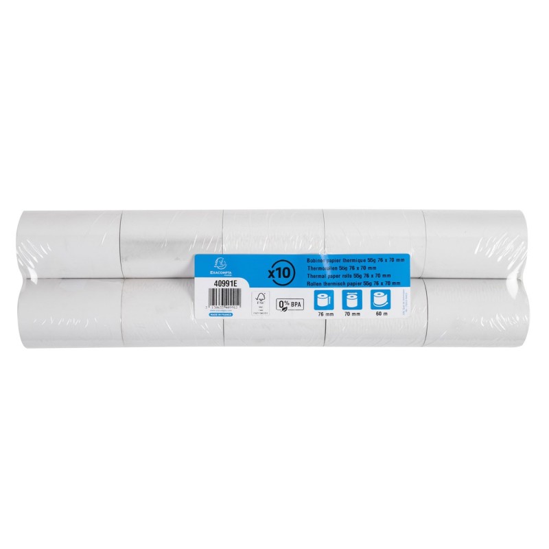 Exacompta Bobine balance 76 x 70 x 12 mm - Longueur 60M - 40991E - Rouleau Papier thermique 1 pli 55g sans Bisphénol A - Lot de 10