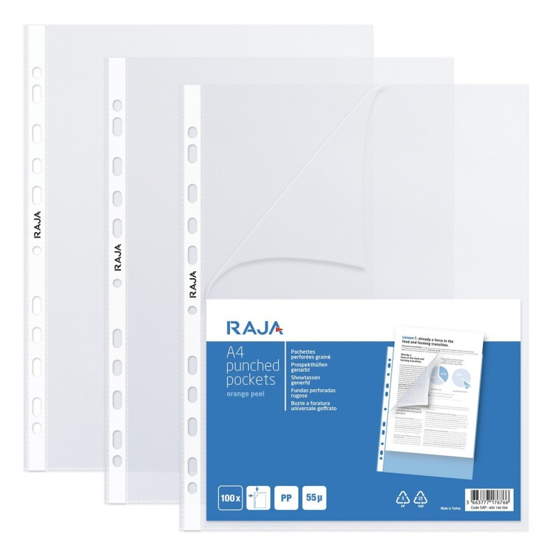 RAJA Pochettes perforées A4 polypropylène grainé 5,5/100 - Boîte de 100