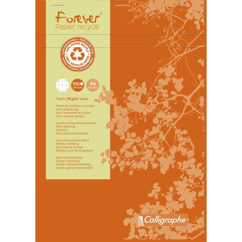 Calligraphe Bloc notes agrafé Forever A4 21 x 29,7 cm - 70g - Papier recyclé & certifié - Petits carreaux 5x5 - 100 feuilles