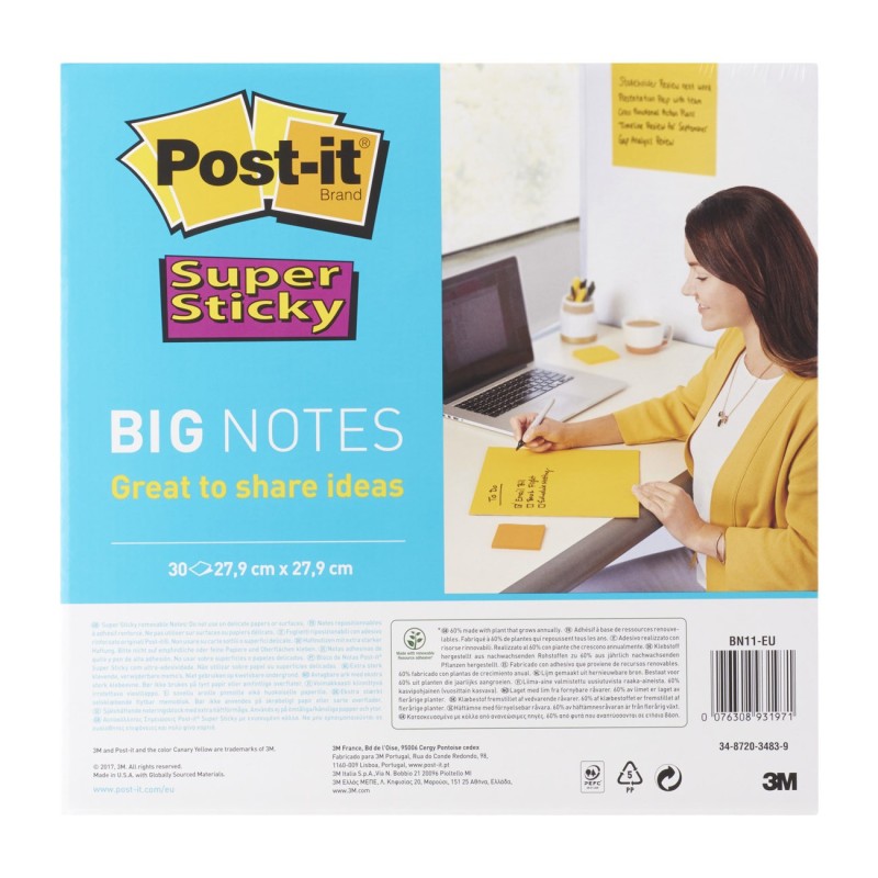 Post-it Big Notes Super Sticky, BN11-EU, 30 feuilles, jaune fluo, 27,9 x 27,9 cm