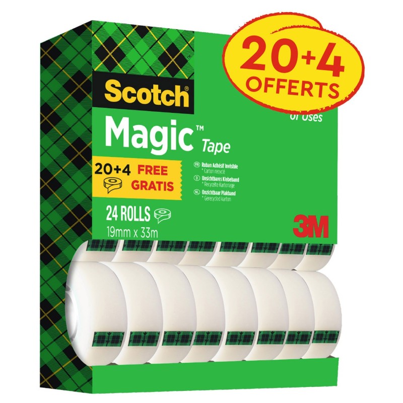Scotch Magic Tape Ruban adhésif invisible 19 mm x 33 m (Lot de 20 + 4 OFFERTS)