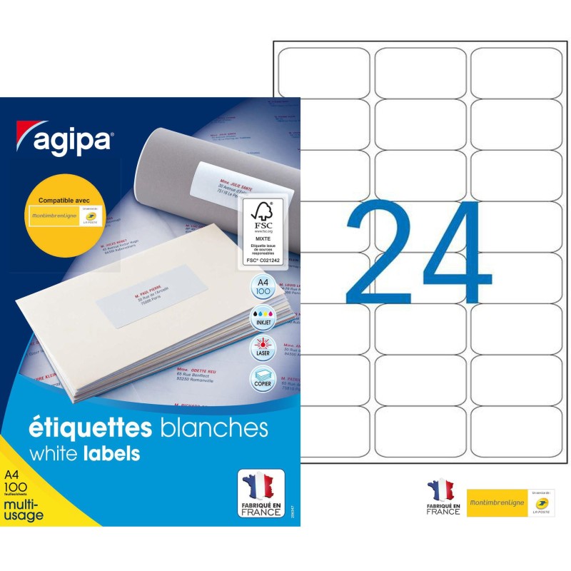 AGIPA 101309 Etiquettes blanches multi-usage 63,5 x 33,9 mm - Boîte de 2400