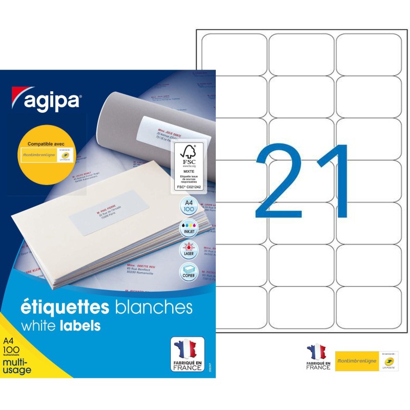 AGIPA 118984 Etiquettes blanches multi-usage 63,5 x 38,1 mm - Boîte de 2100