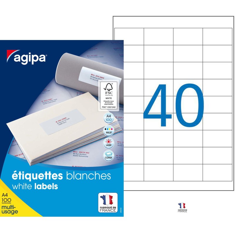 AGIPA 118991 Etiquettes blanches multi-usage 48,5 x 25,4 mm - Boîte de 4000