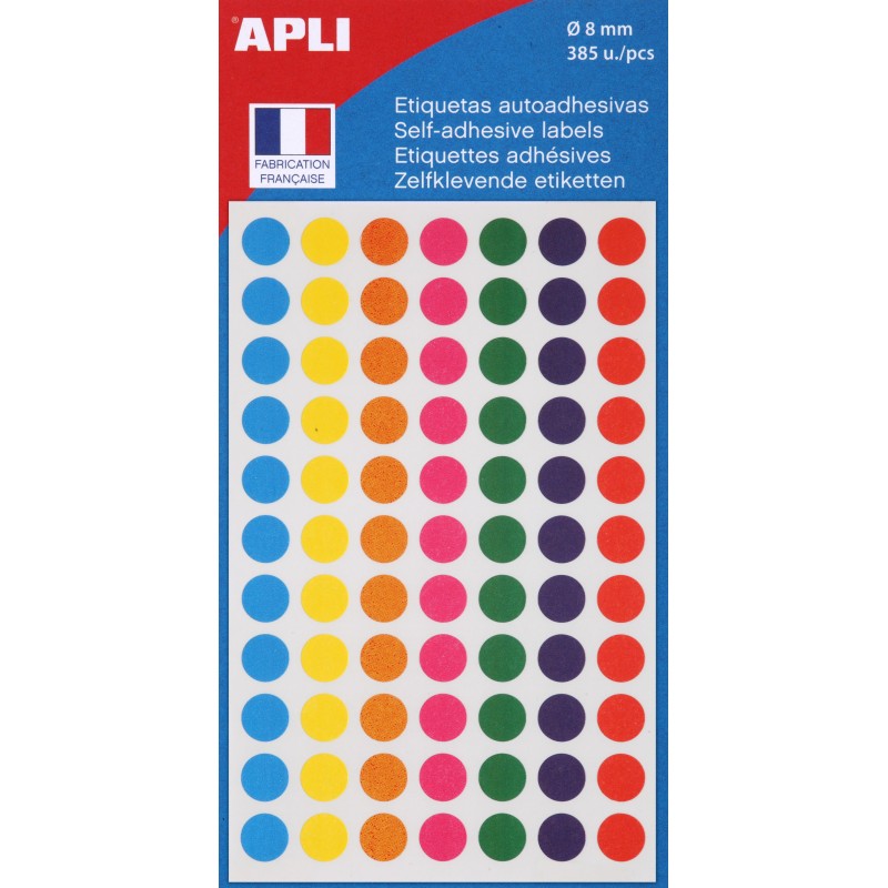 APLI Pastilles adhésives Ø 8 mm - 100624 - Pochette de 385 - Assorties