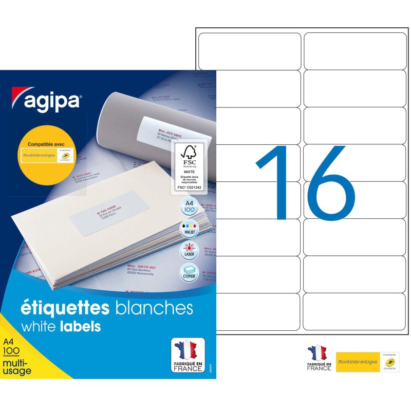 AGIPA 118985 Etiquettes blanches multi-usage 99,1 x 33,9 mm - Boîte de 1600