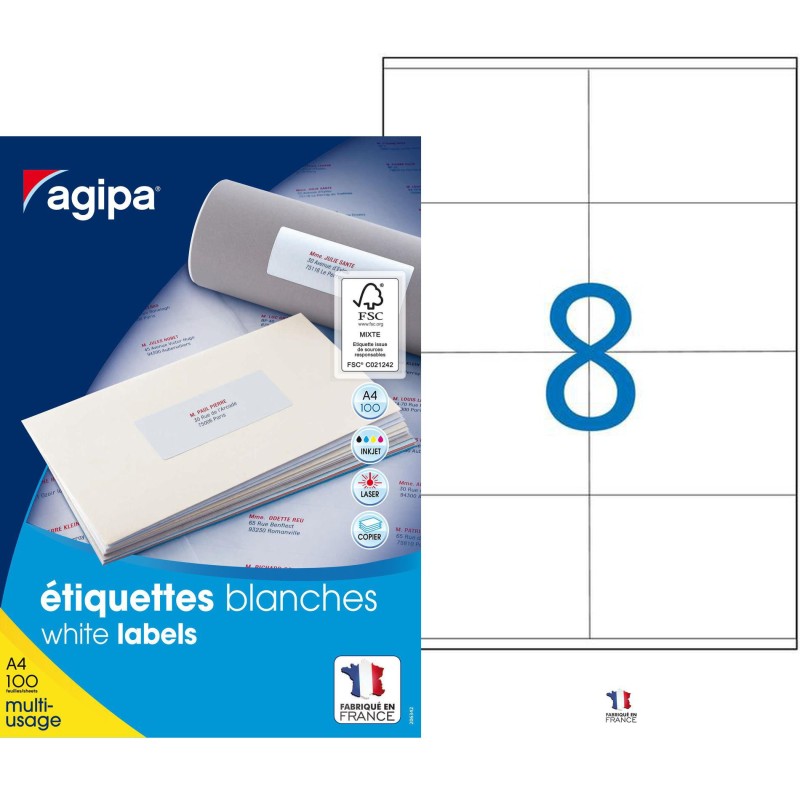 AGIPA 119003 Etiquettes blanches multi-usage 105 x 70 mm - Boîte de 800