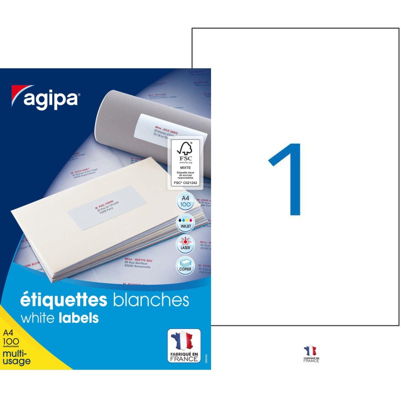 AGIPA 119004 Etiquettes blanches multi-usage 210 x 297 mm - Boîte de 100