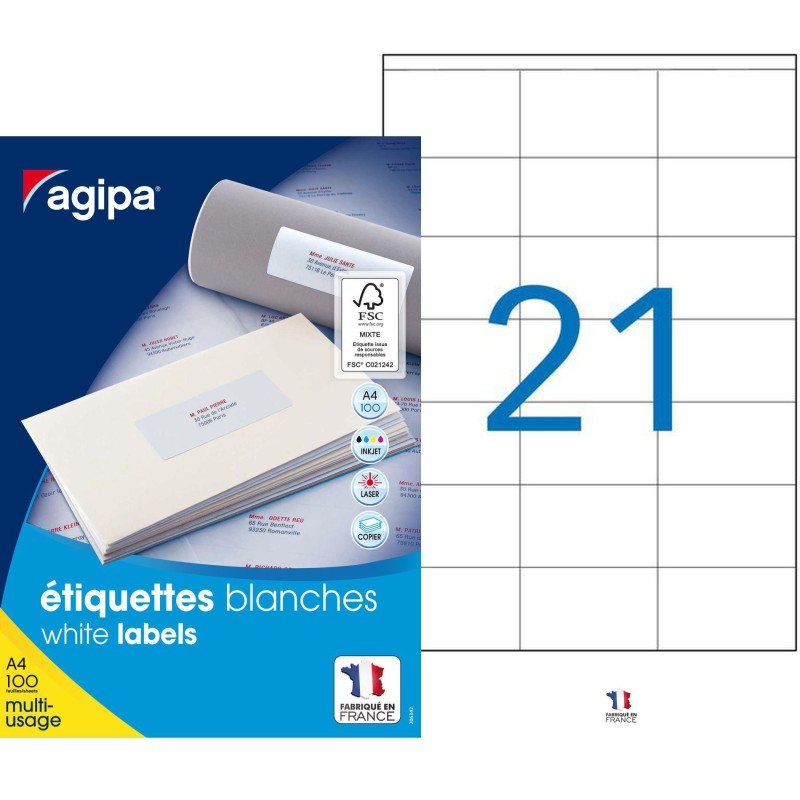 AGIPA 119009 Etiquettes blanches multi-usage 70 x 42 mm - Boîte de 2100
