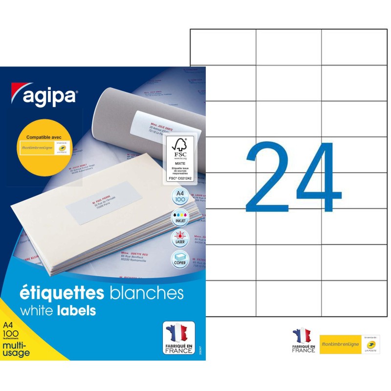 AGIPA 119015 Etiquettes blanches multi-usage 70 x 37 mm - Boîte de 2400