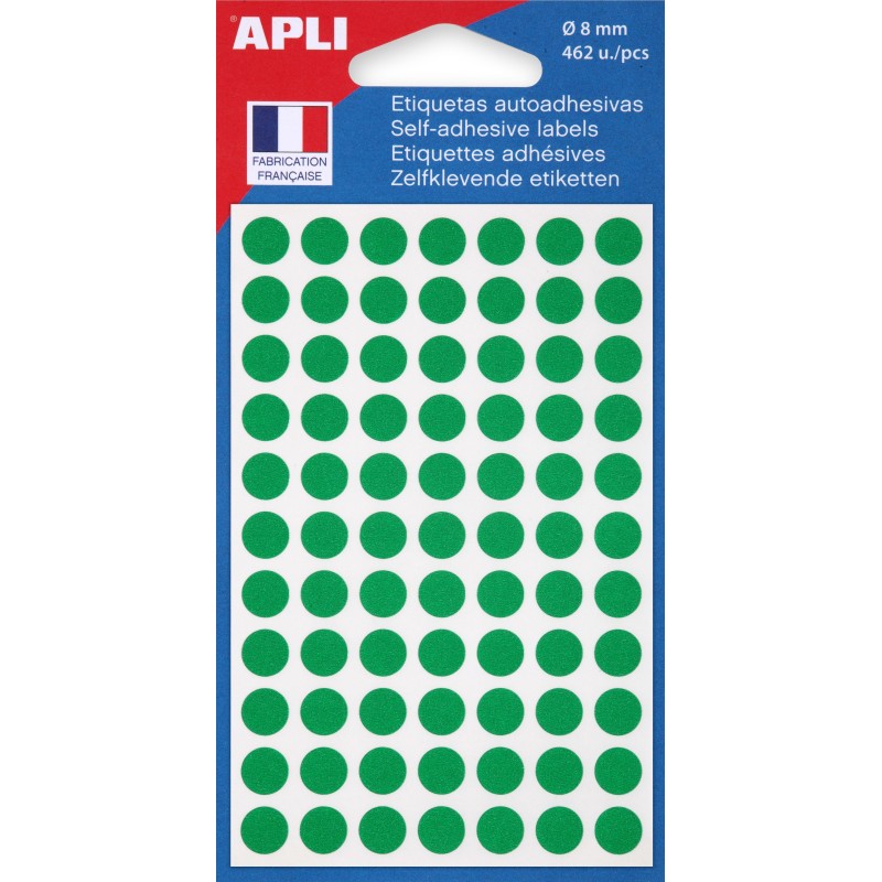 APLI Pastilles adhésives Ø 8 mm - 111831 - Pochette de 462 - Vert