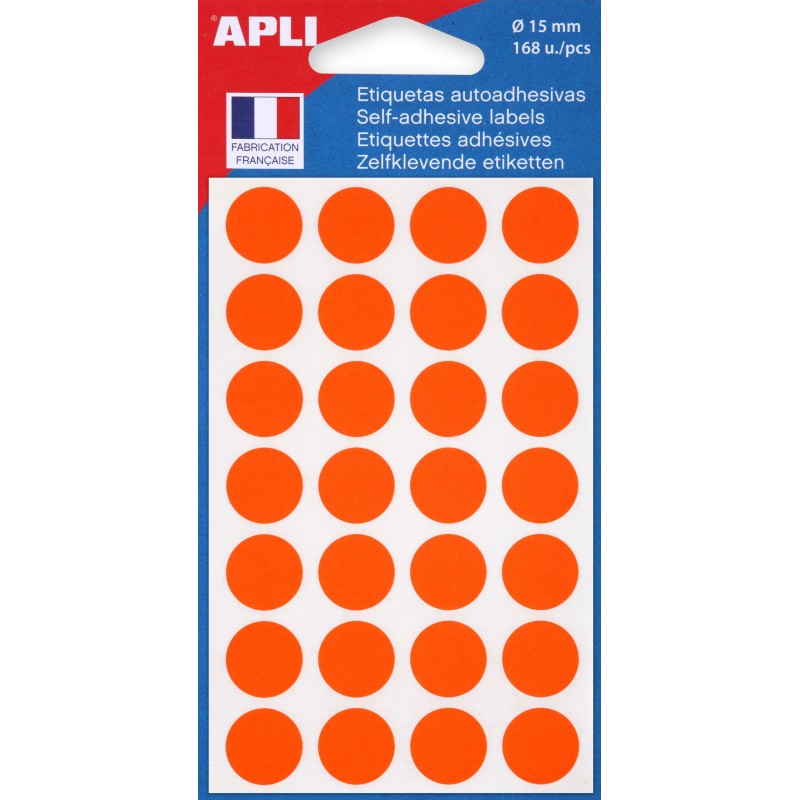 APLI Pastilles adhésives Ø 15 mm - 111845 - Pochette de 168 - Orange