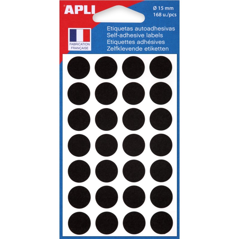 APLI Pastilles adhésives Ø 15 mm - 111847 - Pochette de 168 - Noir