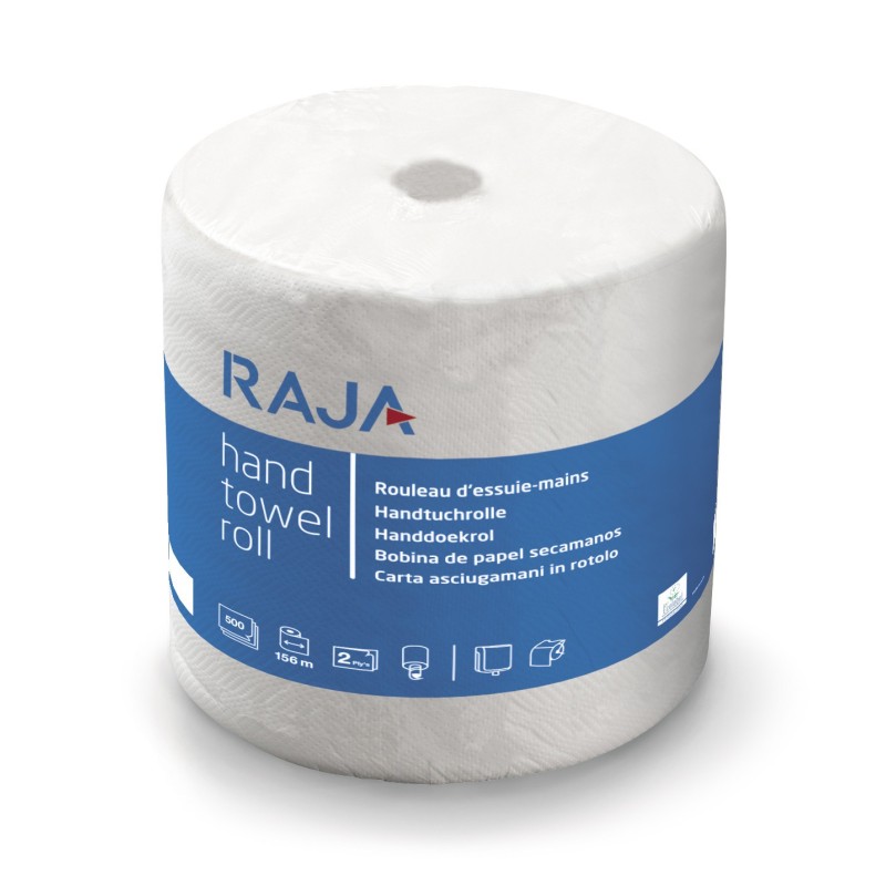 RAJA Essuie-mains en papier double épaisseur - 500 feuilles prédécoupées gauffrées - Bobine maxi de 156m