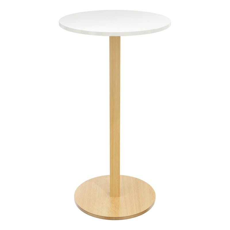 Paperflow Table Mange Debout Woody - Diamètre 60 cm - Plateau blanc, pied bois massif vernis