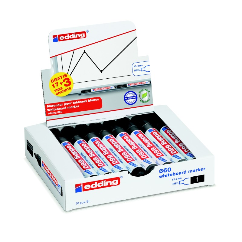edding 660 Marqueur effaçable tableau blanc pointe ogive 1,5 - 3 mm noir (Pack Promo 17 + 3 OFFERTS)