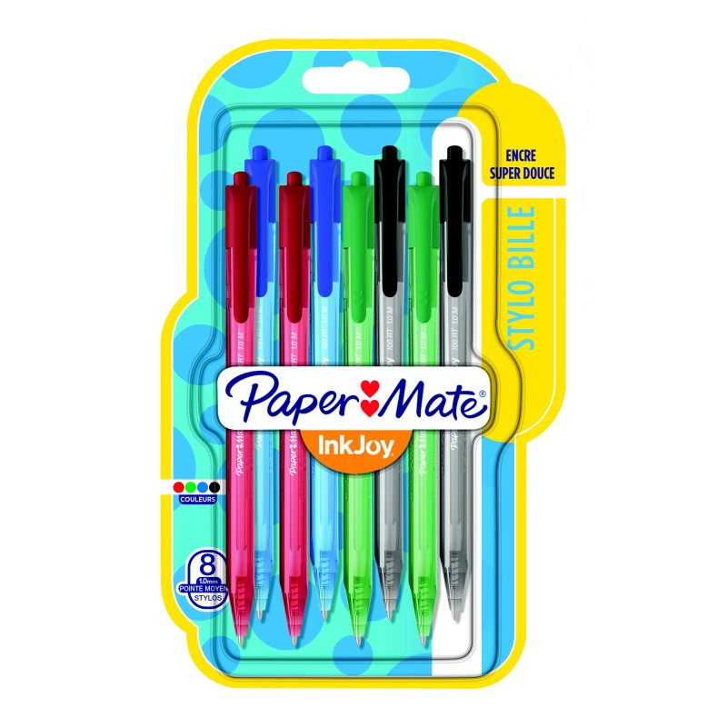Paper Mate InkJoy 100 RT Stylo bille rétractable pointe moyenne 1 mm noir - Pochette 8 couleurs