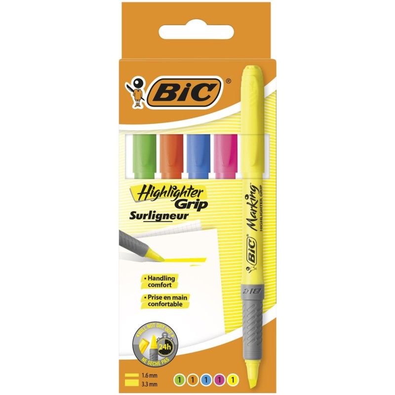 BIC Highlighter Grip pointe biseautée - Étui carton de 5 couleurs fluo assorties
