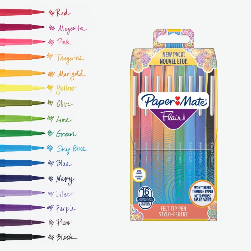 Paper Mate Flair Original - Stylo feutre à capuchon pointe moyenne 1 mm - Pochette 16 couleurs assorties