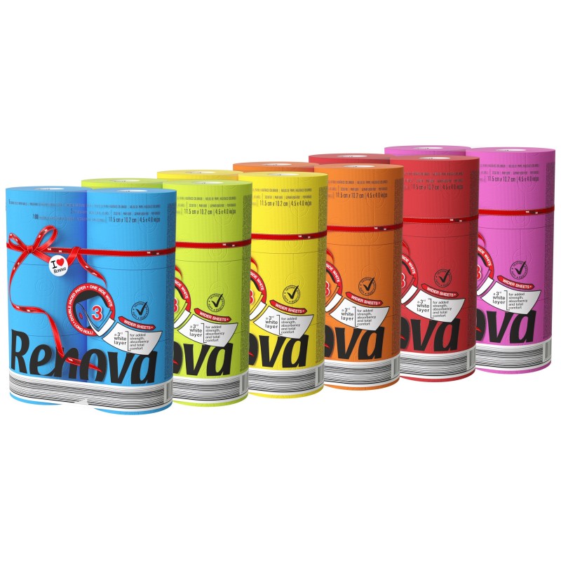 Renova Papier toilette couleur Maxi Red triple épaisseur – Maxi rouleau de 180 feuilles - 6 coloris panachés - Carton de 36 rouleaux