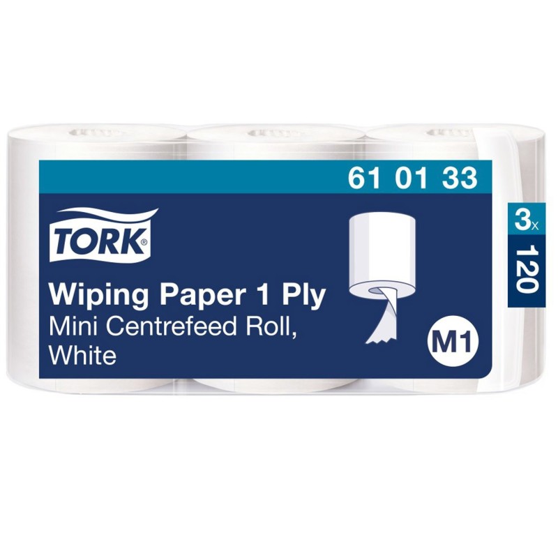 Tork Papier d'essuyage mains et surfaces M1 blanc à dévidage central - Lot de 3 bobines de 120 m - 610133